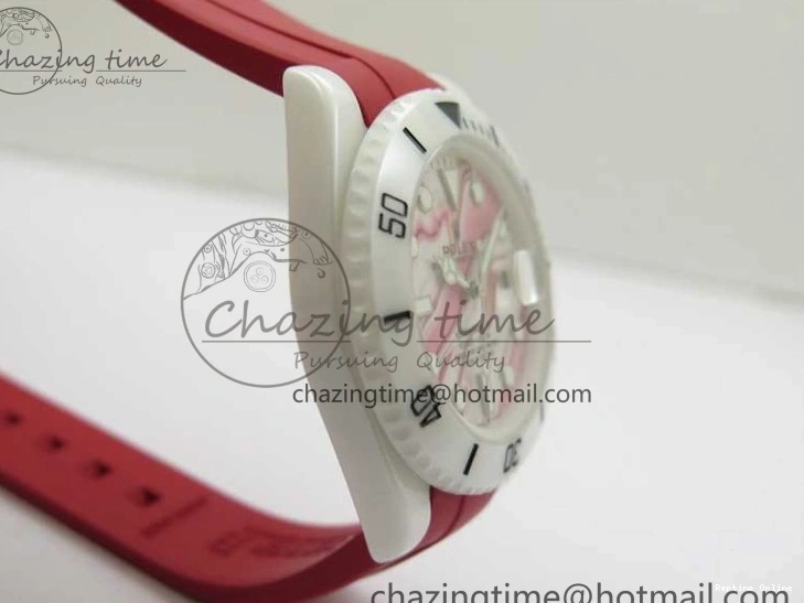0123 WrinkleFree Submariner 40mm White Ceramic 5GF Best Edition White Red Dial on Red Rubber Strap SA 2485